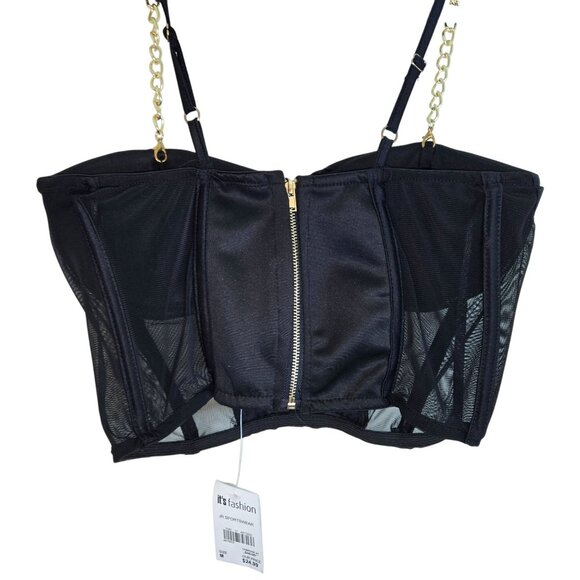 Black Chain-Strap Bustier Top With Mesh & Gold Zipper Accent - Picture 6 of 8